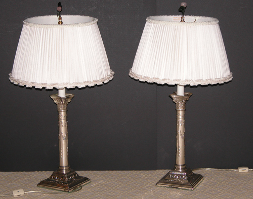 Appraisal: Sheffield Silver plated Columnar Lamps with Corinthian Capitols and Jade