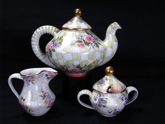 Appraisal: MacKenzie-Childs Artist Decorated Porcelain Sweet Pea Coffee Set including inch