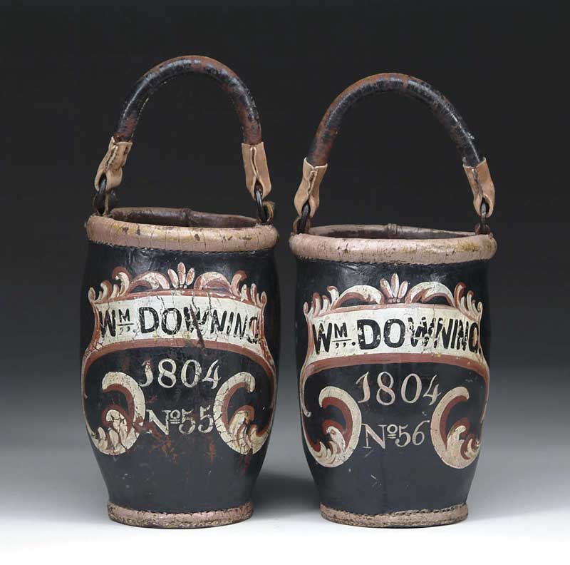 Appraisal: OUTSTANDING PAIR OF PAINTED LEATHER FIRE BUCKETS WM DOWNING One