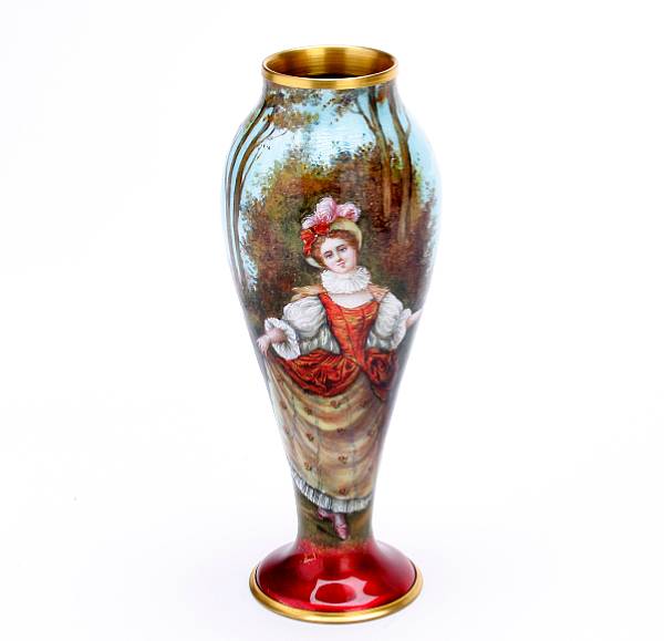 Appraisal: A French enamel vase depicting a maiden in a wooded