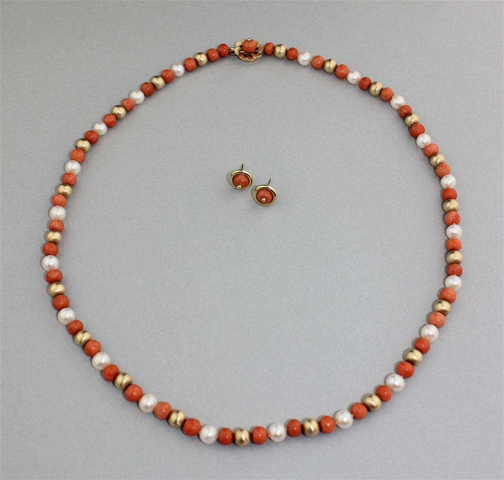 Appraisal: CORAL PEARL AND GOLD BEADED NECKLACE WITH K YELLOW GOLD