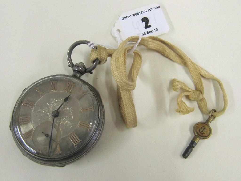 Appraisal: Silver pocket watch with silver dial and gold Roman numerals