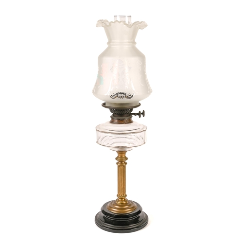 Appraisal: An Edwardian brass columnar oil lamp with faceted glass fount