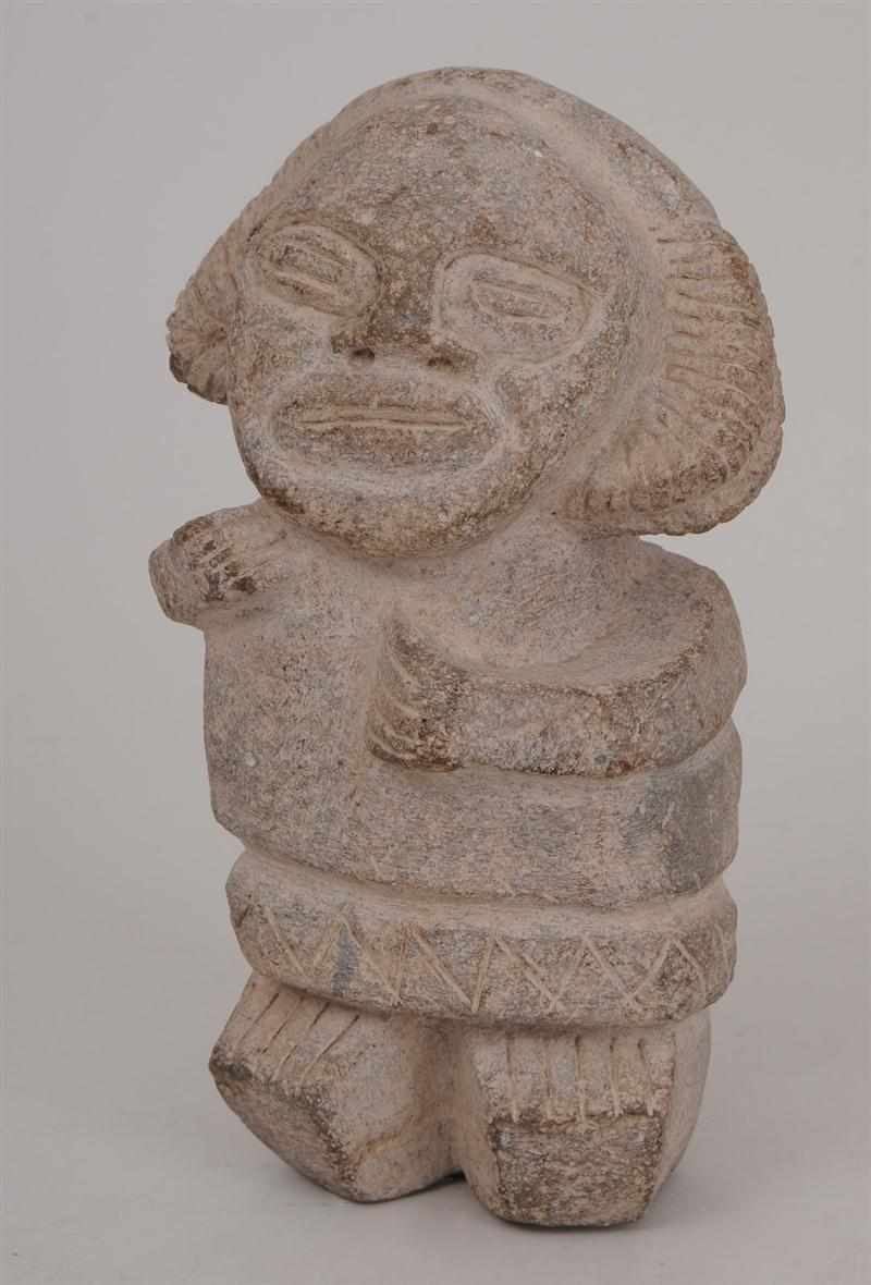 Appraisal: PRE-COLUMBIAN STYLE CARVED STONE FIGURE Standing with crescent hair raised