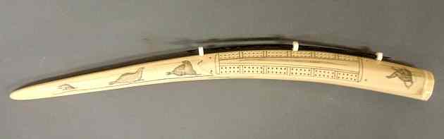 Appraisal: Scrimshaw walrus tusk carved into a cribbage board and decorated