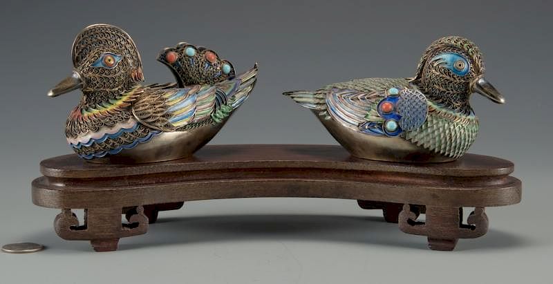 Appraisal: Pr Asian Cloisonne Enamel Ducks Companion pair of Asian figural