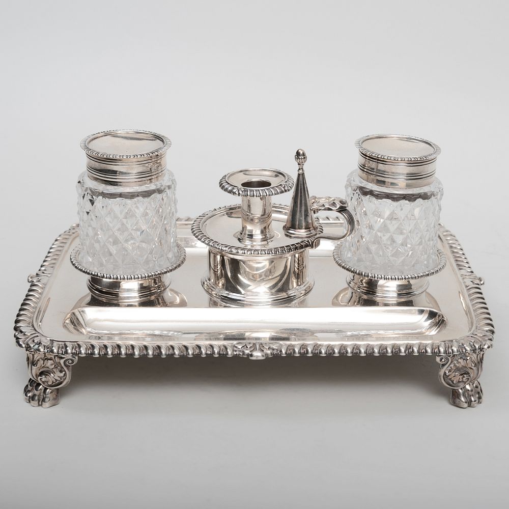 Appraisal: George IV Silver Inkstand Mark of Matthew Boulton Birmingham Comprising