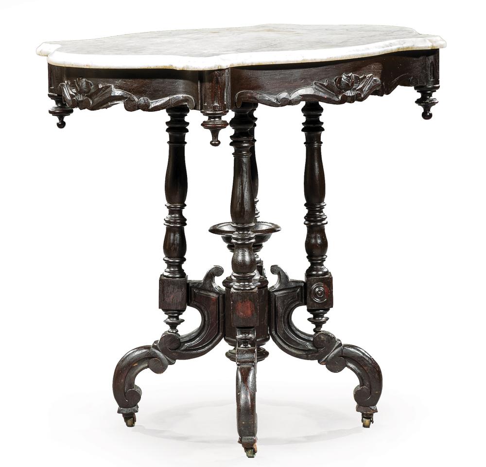 Appraisal: American Rococo Carved Walnut Center Table c marble turtle top