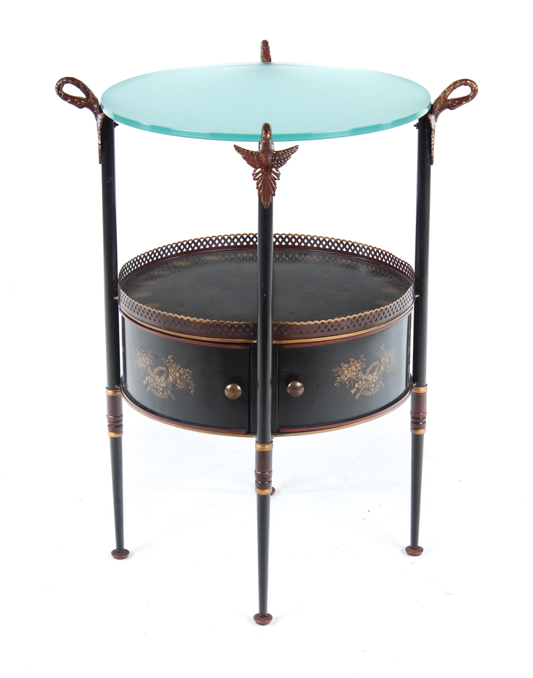 Appraisal: French Empire style toleware side table in round glass top