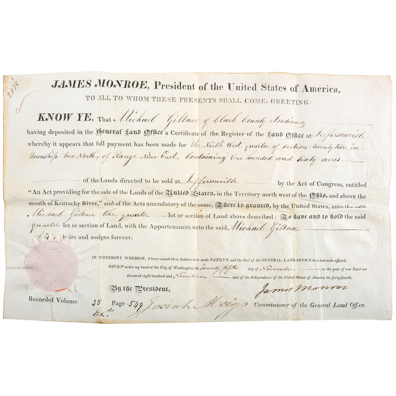 Appraisal: MONROE James - Partially printed land grant signed James Monroe