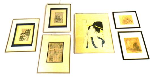 Appraisal: Six Japanese color and black and white woodblock prints with