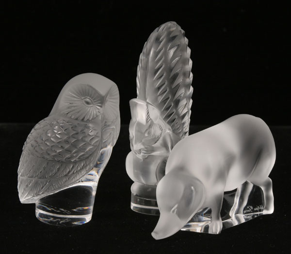 Appraisal: Three Lalique art glass animals clear seated squirrel frosted pig