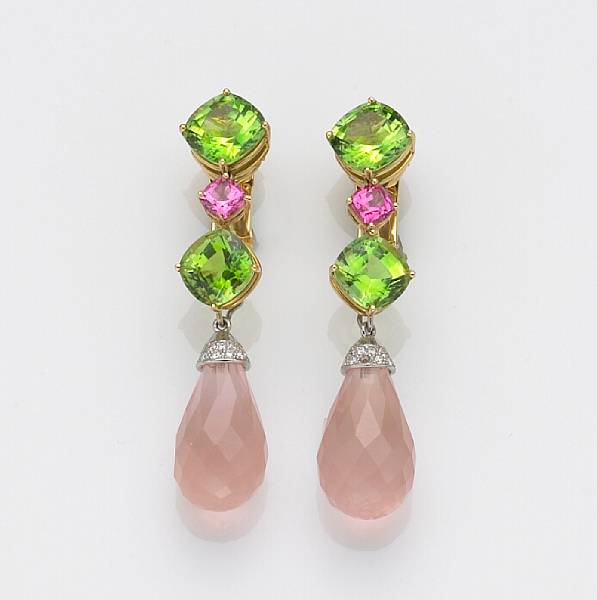 Appraisal: A pair of peridot spinel rose quartz and diamond pendant