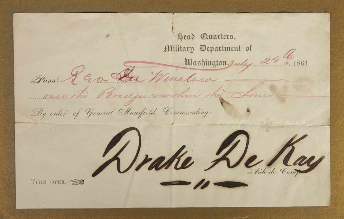 Appraisal: Military Pass for Rev Winslow Head quarters Military dept Washington