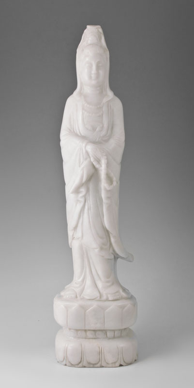 Appraisal: CARVED ALABASTER SCULPTURE OF QUAN YIN In her hand are