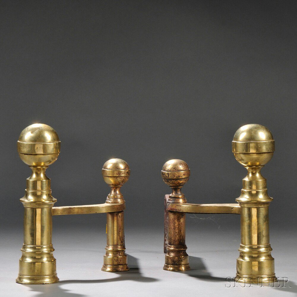 Appraisal: Pair of Classical Brass Belted Ball-top Andirons William Hunneman Boston