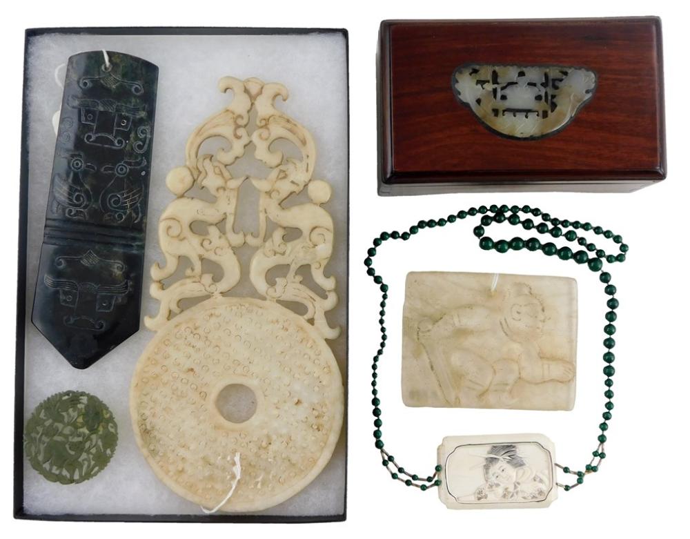 Appraisal: ASIAN Carved Asian hardstone six pieces including Rosewood box with