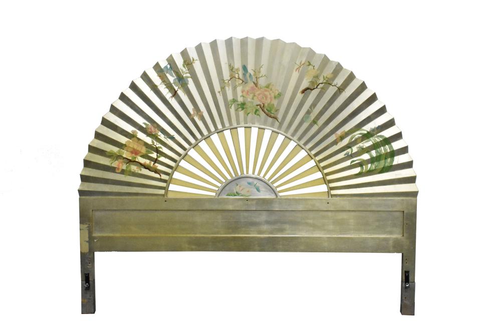 Appraisal: HOLLYWOOD REGENCY SILVERED FAN-SHAPED HEADBOARDThe silver leaf carved wood headboard