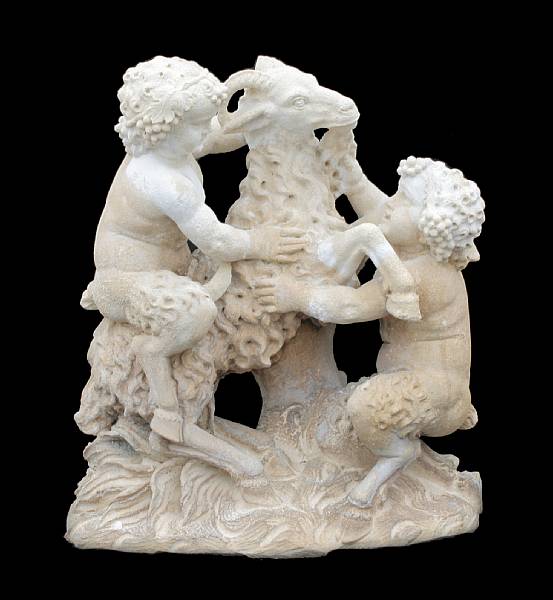 Appraisal: A stone figural group th century Depicting two bacchanalian faun