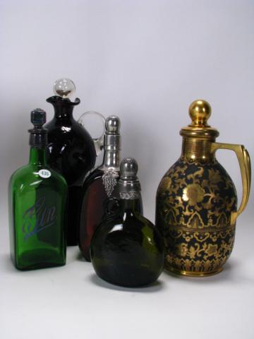 Appraisal: Group of five antique colored glass decanters with stoppers includes