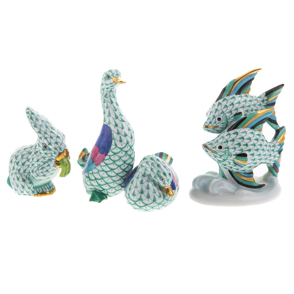 Appraisal: Three Herend Green Fishnet Animals With gilt accents includes pair