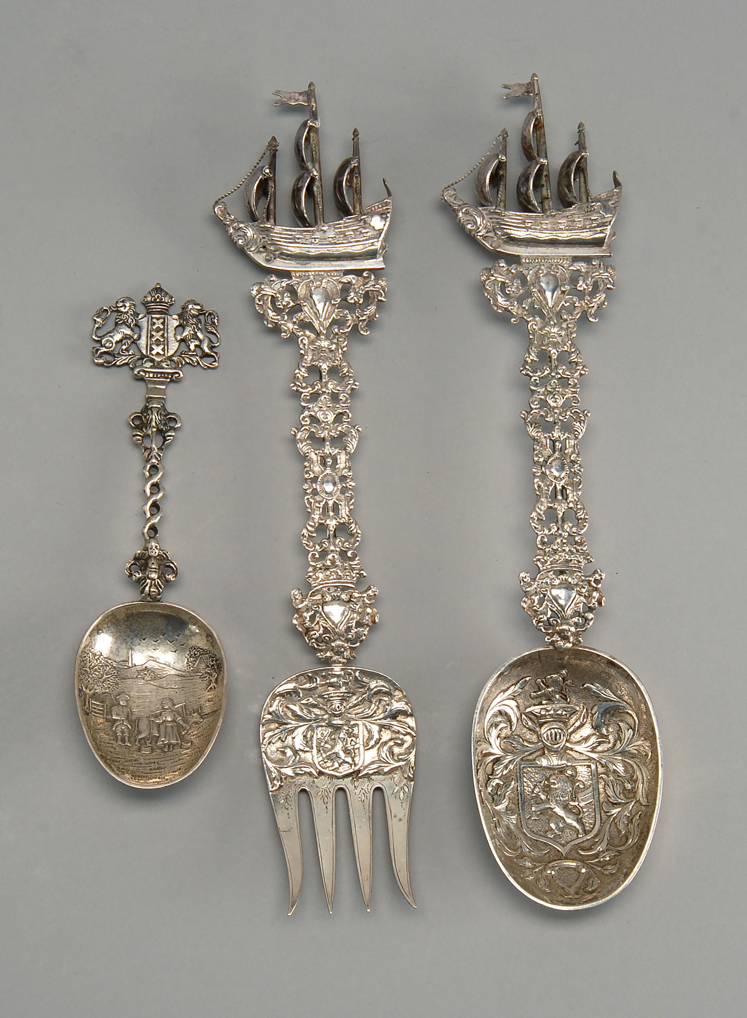 Appraisal: CIRCA DUTCH FINE SILVER SALAD SET with galleon finials Length