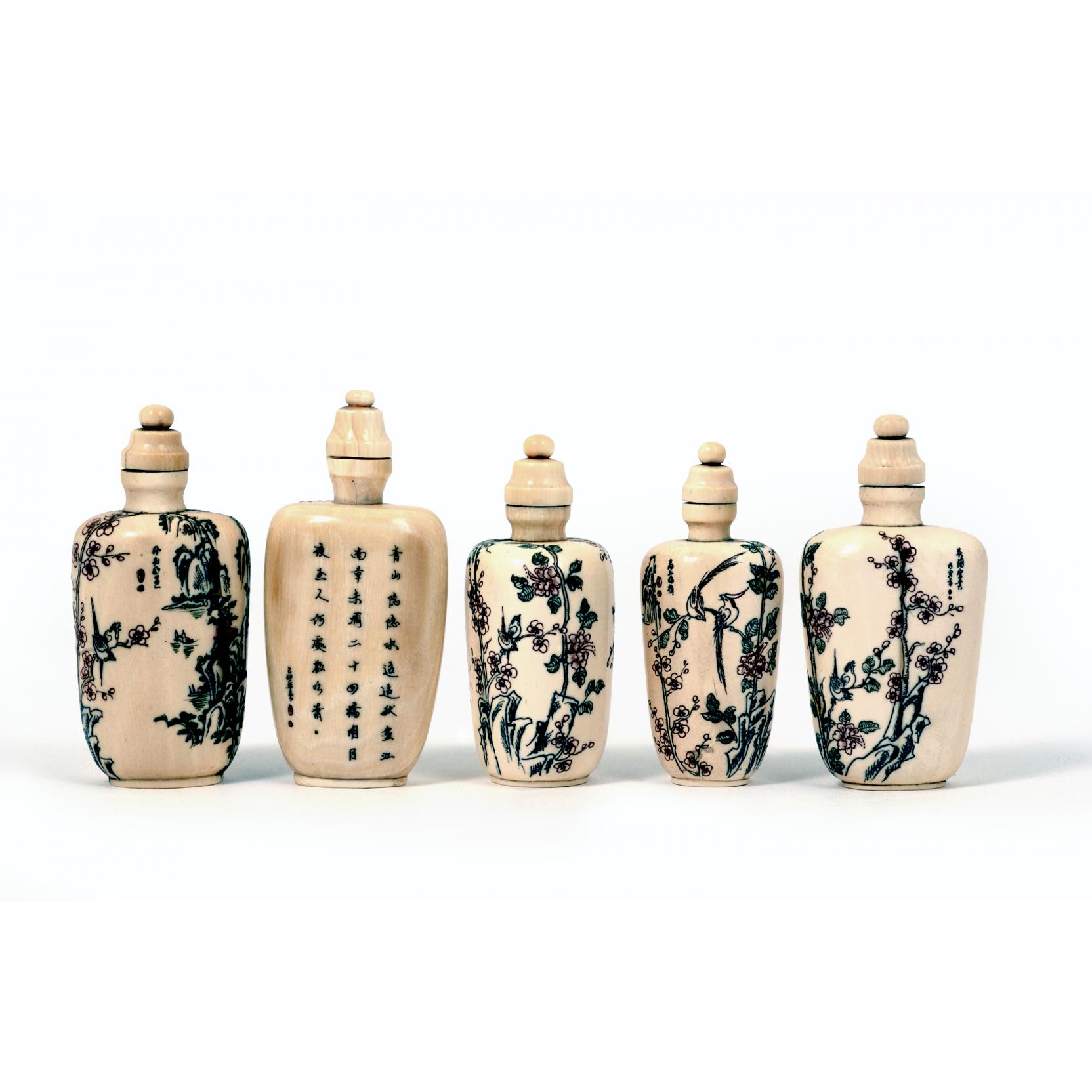 Appraisal: Five Ivory Snuff Bottles carved and painted decoration calligraphy verses