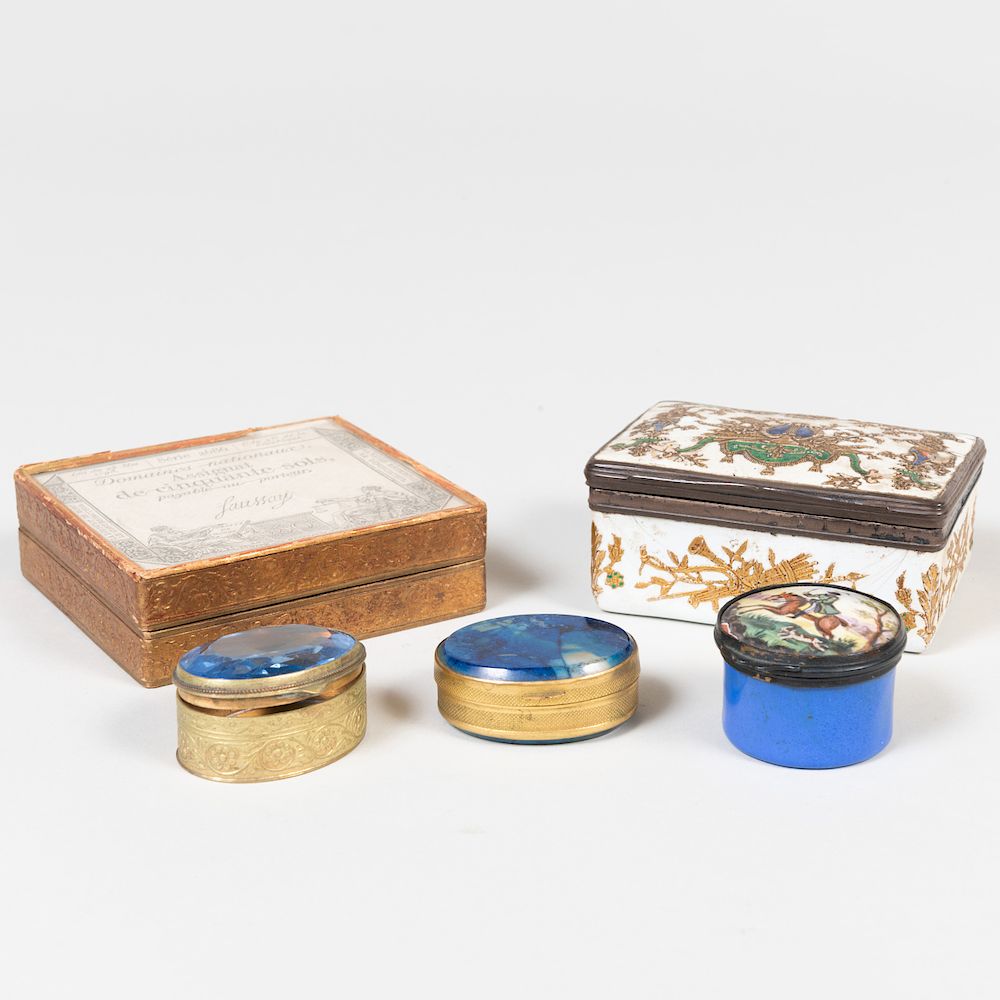 Appraisal: Group of Small Table Boxes Comprising A rectangular enamel snuff