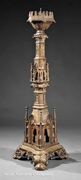 Appraisal: A Large Antique Gothic-Style Bronze Pricket tripartite form with niches