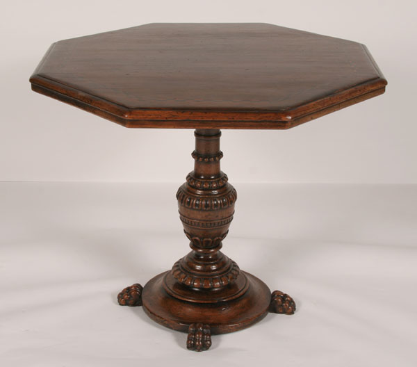 Appraisal: Inlaid octagonal top pedestal table carved center leg claw feet