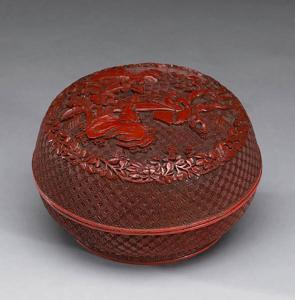 Appraisal: A cinnabar lacquer circular covered box th Century The convex