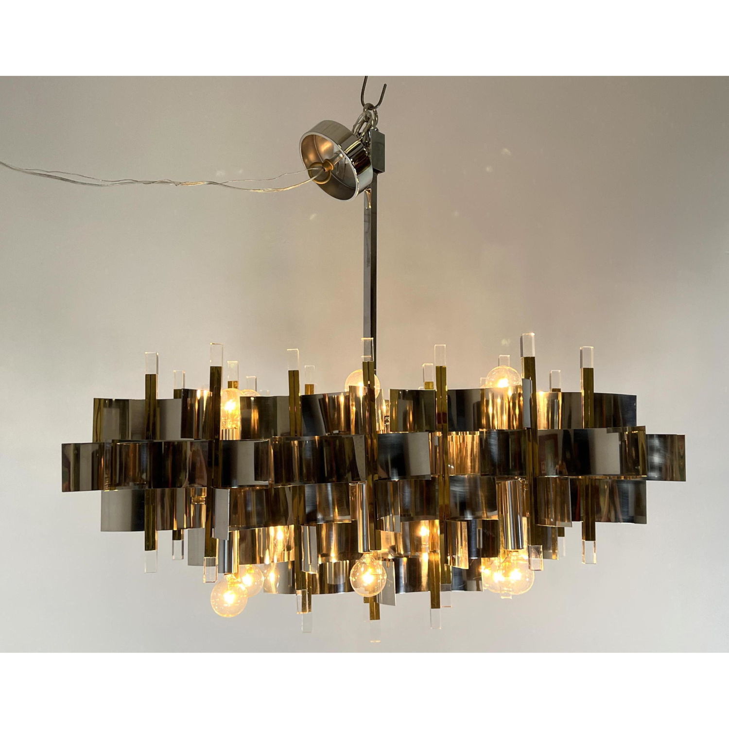 Appraisal: GAETANO SCIOLARI Large Chrome and Lucite Chandelier Pendant Lamp Dimensions