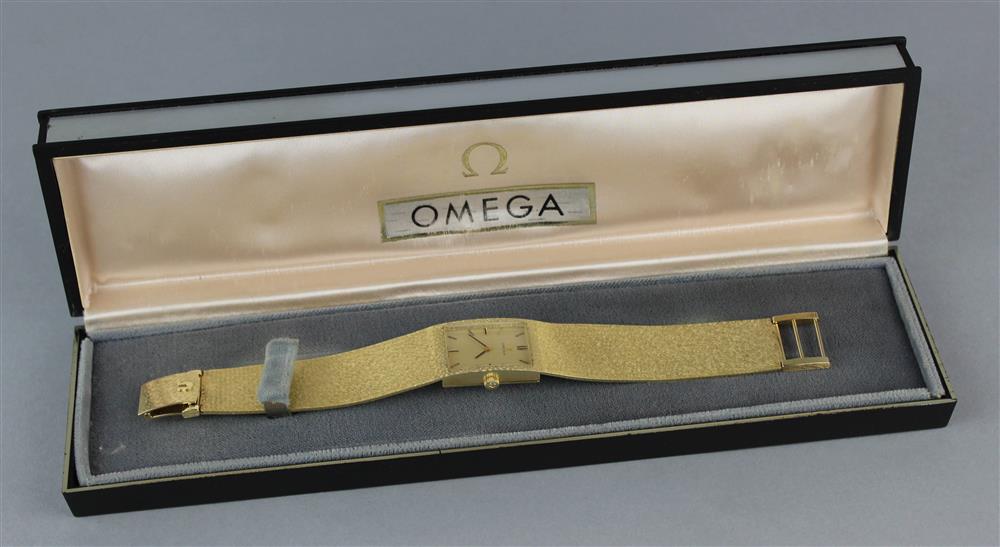 Appraisal: OMEGA GOLD BRACELET WATCH CA Omega rectangular watch with integrated