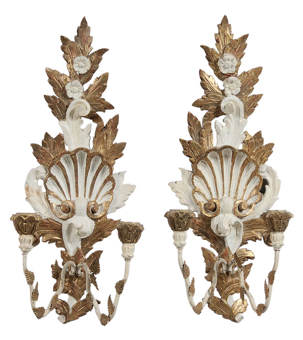 Appraisal: Pair Carved Wood Sconces Italian early th century relief-carved shells