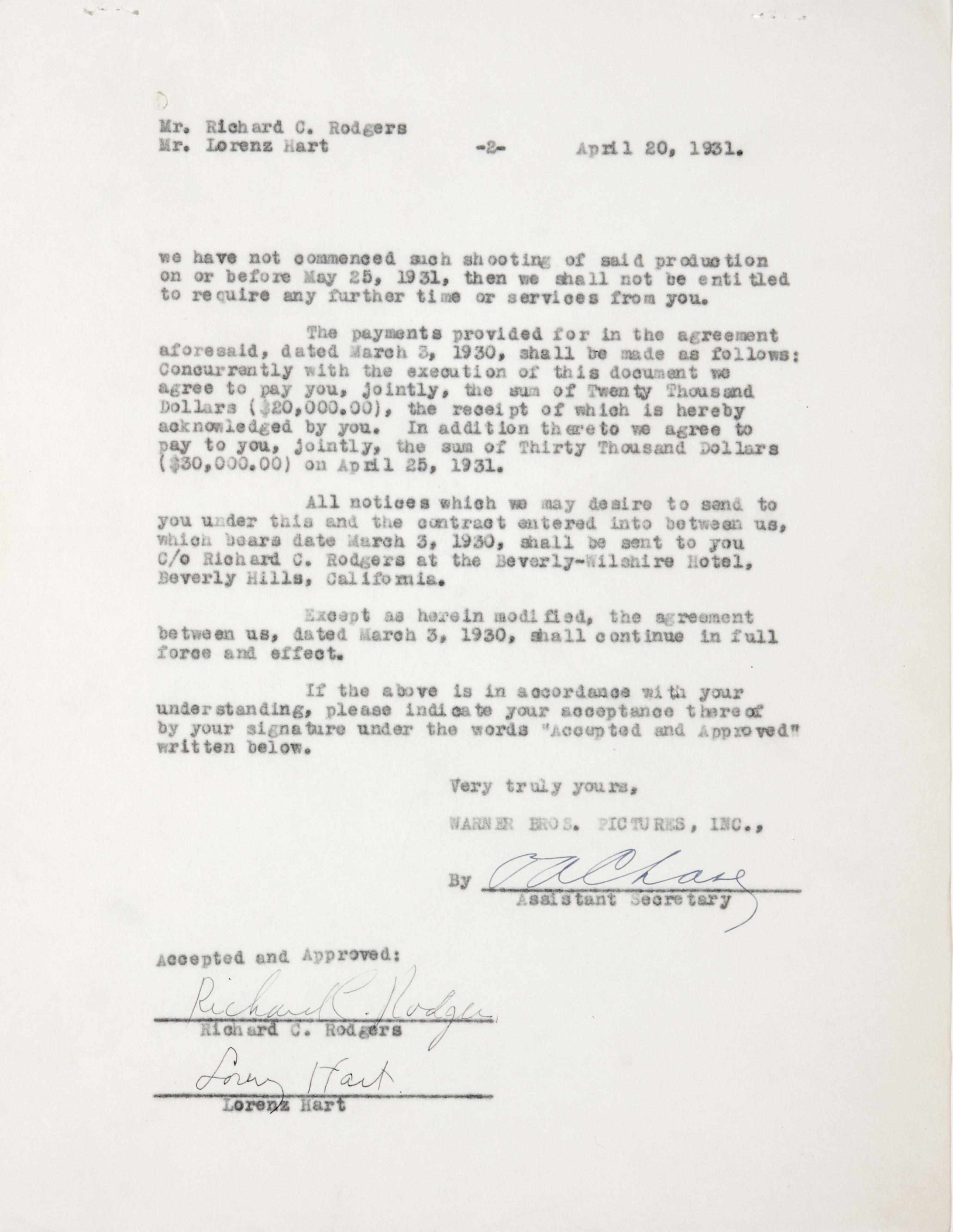 Appraisal: RODGERS RICHARD AND LORENZ HART Typed Document Signed ''Richard Rodgers''