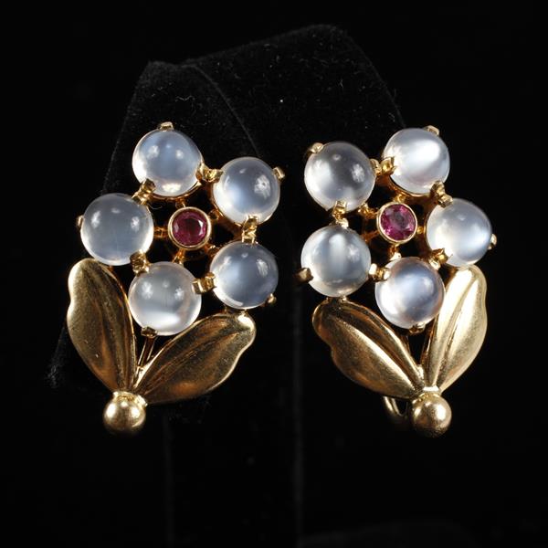 Appraisal: Tiffany Retro Vintage Yellow Gold k moonstone and ruby Flower