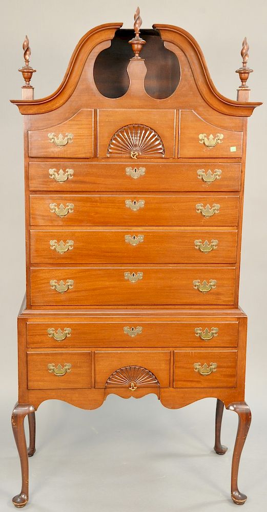 Appraisal: Mayflower Colonial custom mahogany bonnet top highboy in two parts