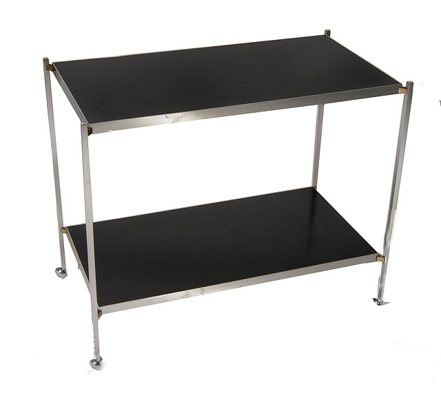 Appraisal: A 'S ALUMINIUM TWO TIER TROLLEY with black melamine inset