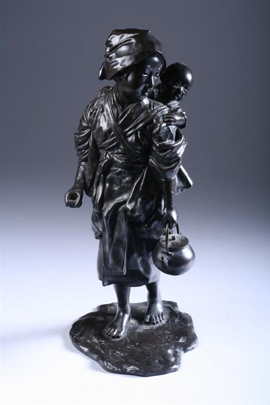 Appraisal: JAPANESE BRONZE FIGURE OF MOTHER AND CHILD - in high