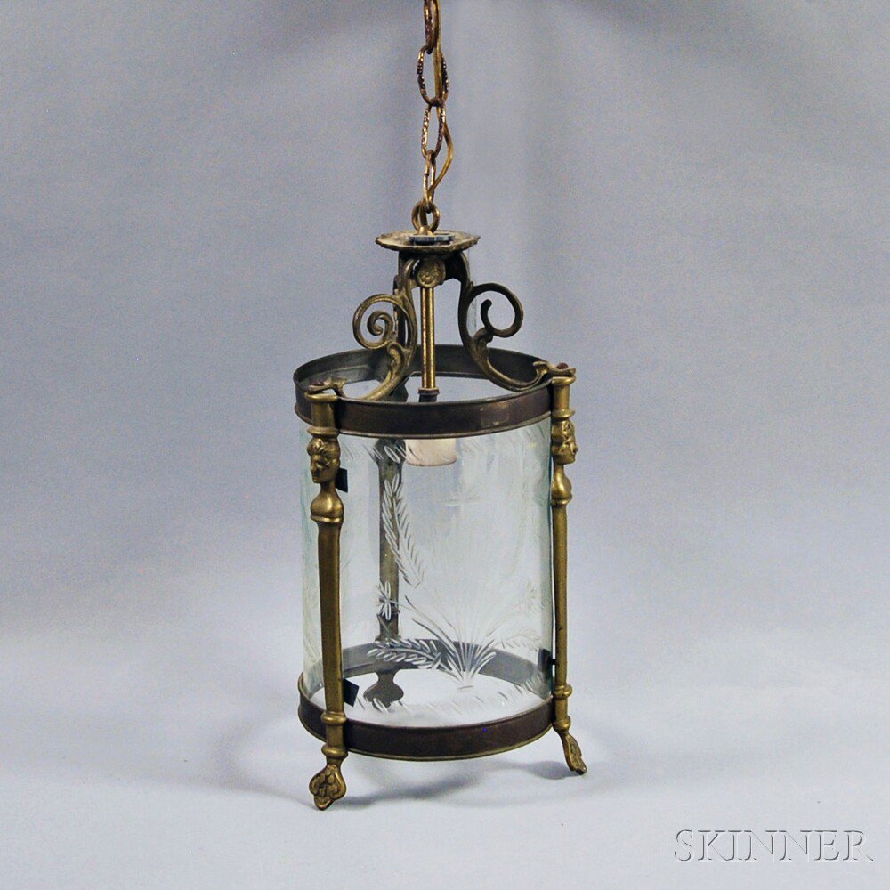 Appraisal: Cast Brass and Etched Glass Hanging Lamp cylindrical form with