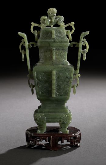 Appraisal: Good Chinese Carved Spinach Jade Covered Vase of archaic inspiration