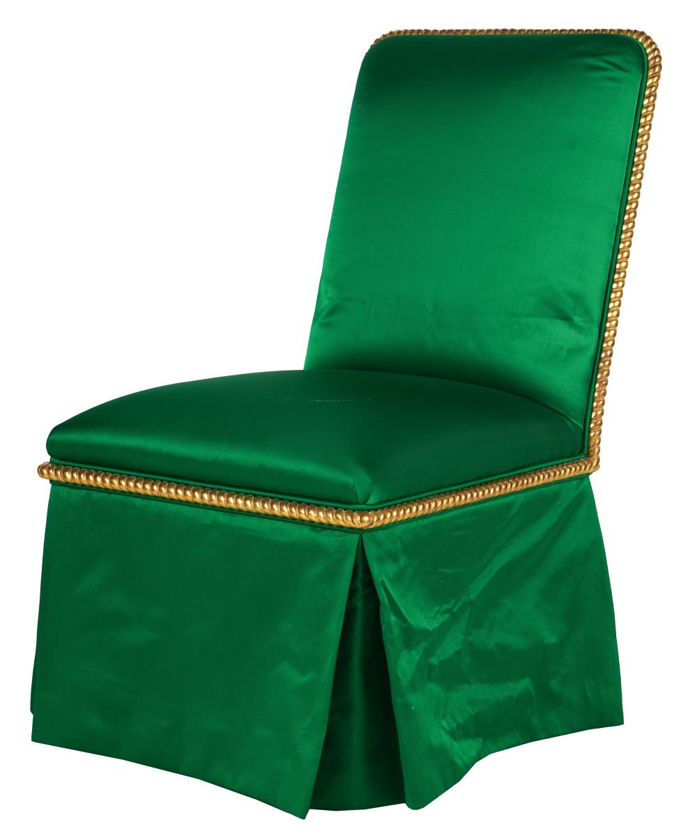 Appraisal: GREEN SILK GILT WOOD SALON CHAIRon casters inches wide inches