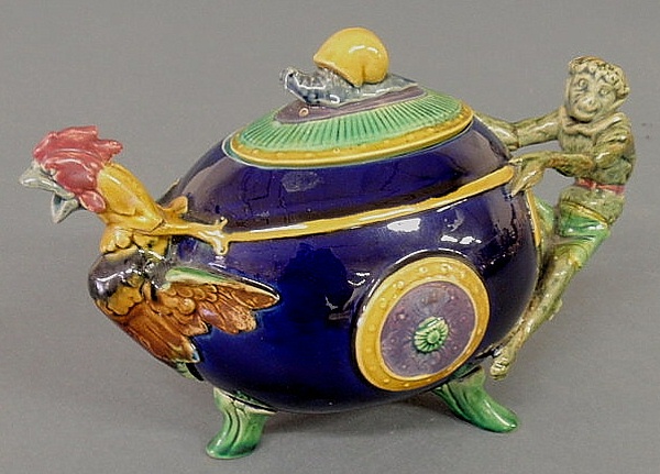 Appraisal: Rare Minton Majolica teapot c cobalt blue with a monkey