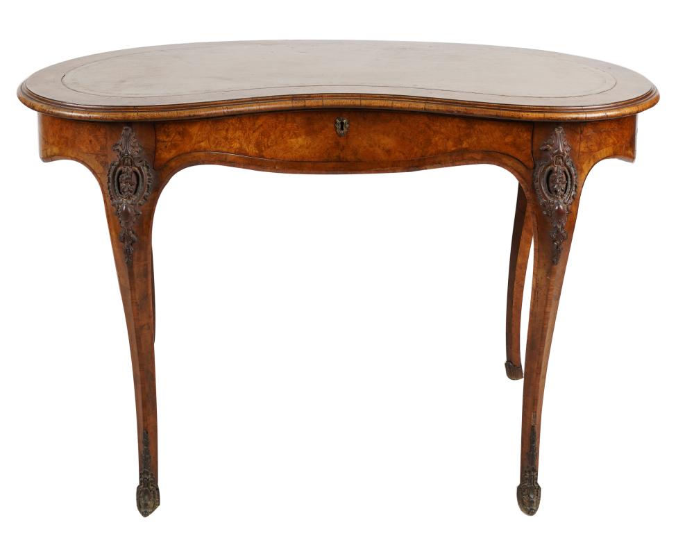 Appraisal: KIDNEY-SHAPED BURL WALNUT DESKwith cross-banded and leather-inset top over a