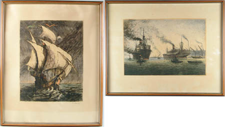 Appraisal: SIGNED German th Century TWO SHIPPING COLORED PRINTS Vertical showing