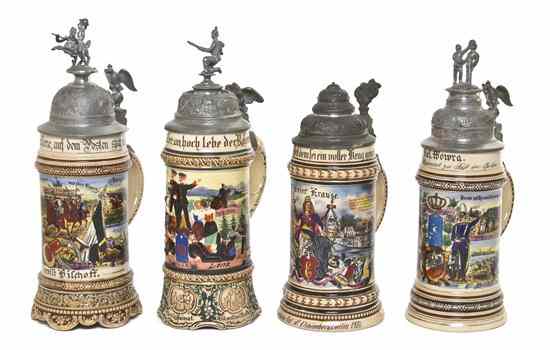 Appraisal: Four German Regimental Pottery Steins Merkelbach Wick each liter three