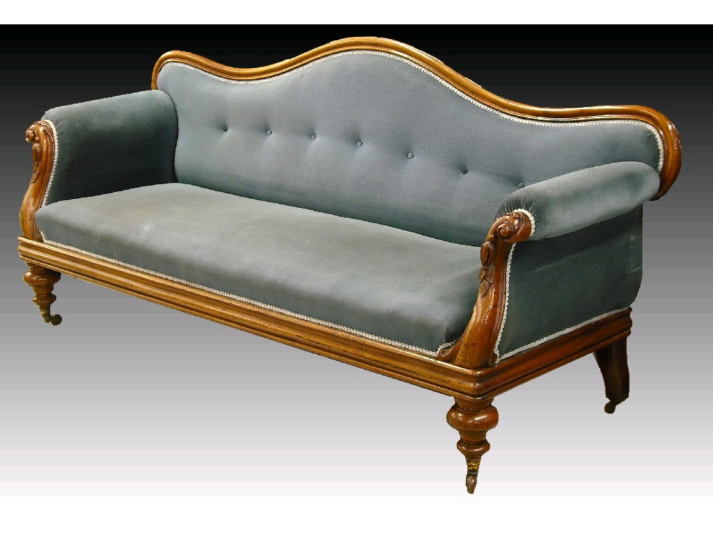 Appraisal: Good Victorian mahogany frame upholstered settee the raised serpentine button