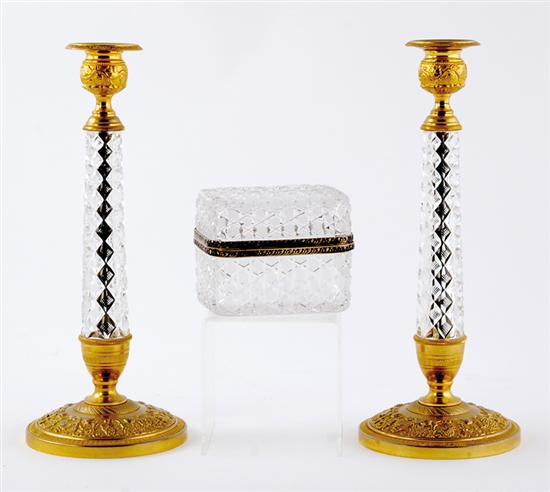 Appraisal: French gilt-metal mounted crystal candlesticks and box first quarter th