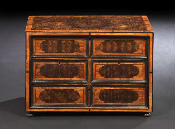 Appraisal: German Walnut-Banded Oyster Walnut Six-Drawer Collector's Chest th century and