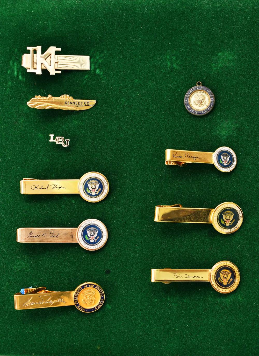 Appraisal: NINE PRESIDENTIAL TIE BARS A PIN AND A MEDALComprising one